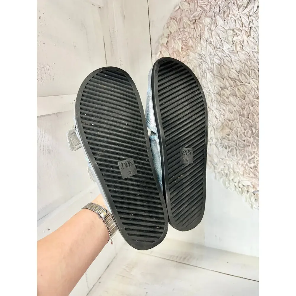 Zara Metallic Light Blue Double Buckle Slide Sandals - Picture 8 of 8
